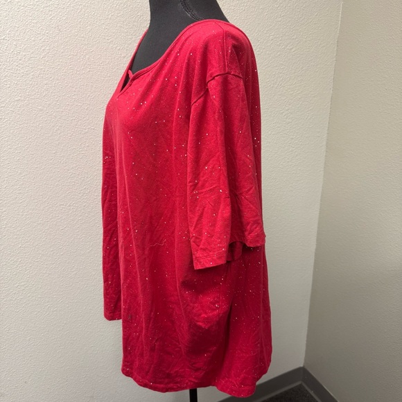 Catherines Red Sparkle Top 3X Plus Size Holiday Glitter Keyhole Blouse - Picture 3 of 7